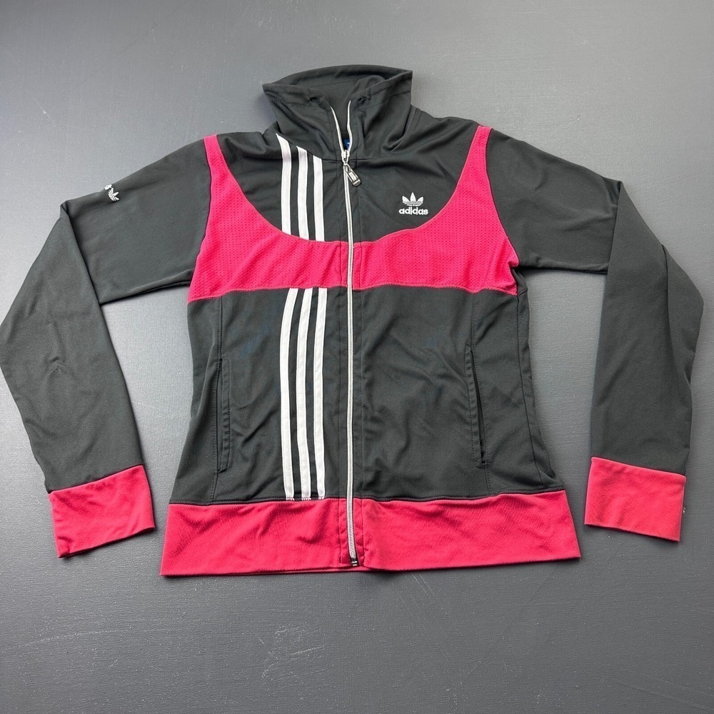 Adidas Originals Girls M Black Pink Full Zip Track Jacket Trefoil Stripes Logo